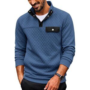 Men's Sweatshirt Quarter Button Pullover Sweatshirt Stand Collar Polo Blue